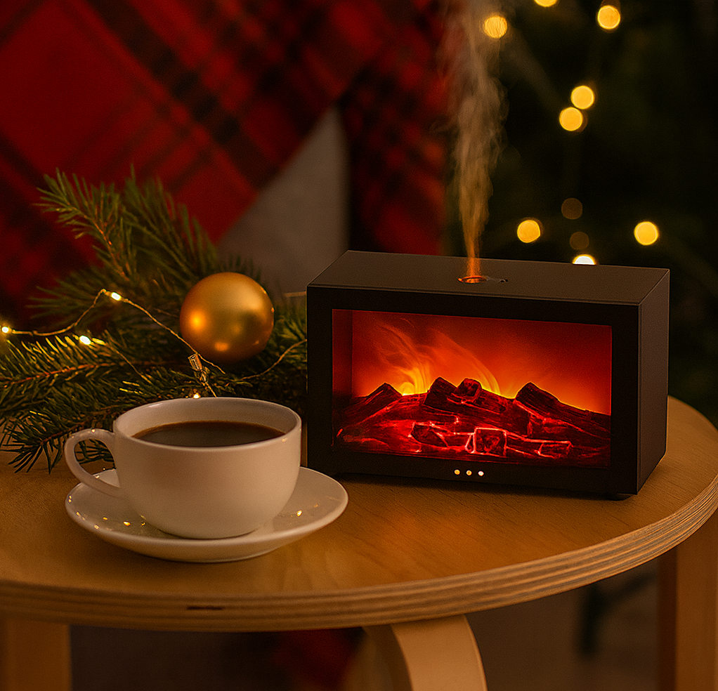 Cozy Christmas scene with a cup of coffee and a Fireplace Flame Air Humidifier emitting warm mist on a wooden table, surrounded by holiday lights and decor