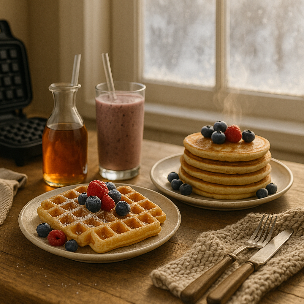 Cozy winter breakfast with waffles, pancakes, berry smoothie and maple syrup by a frosted window.