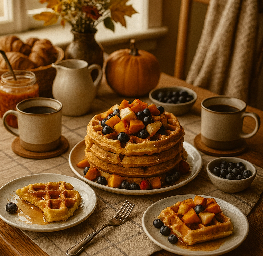 A cozy autumn breakfast scene with waffles topped with caramelized pumpkin and apple pieces, coffee mugs, and fall decorations by the window, creating a warm and rustic vintage atmosphere.