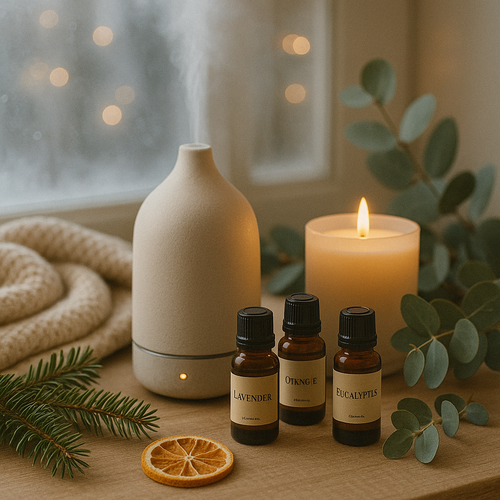 Cozy winter aromatherapy scene with ceramic diffuser mist, candle and essential oils by a frosted window with knit and eucalyptus.