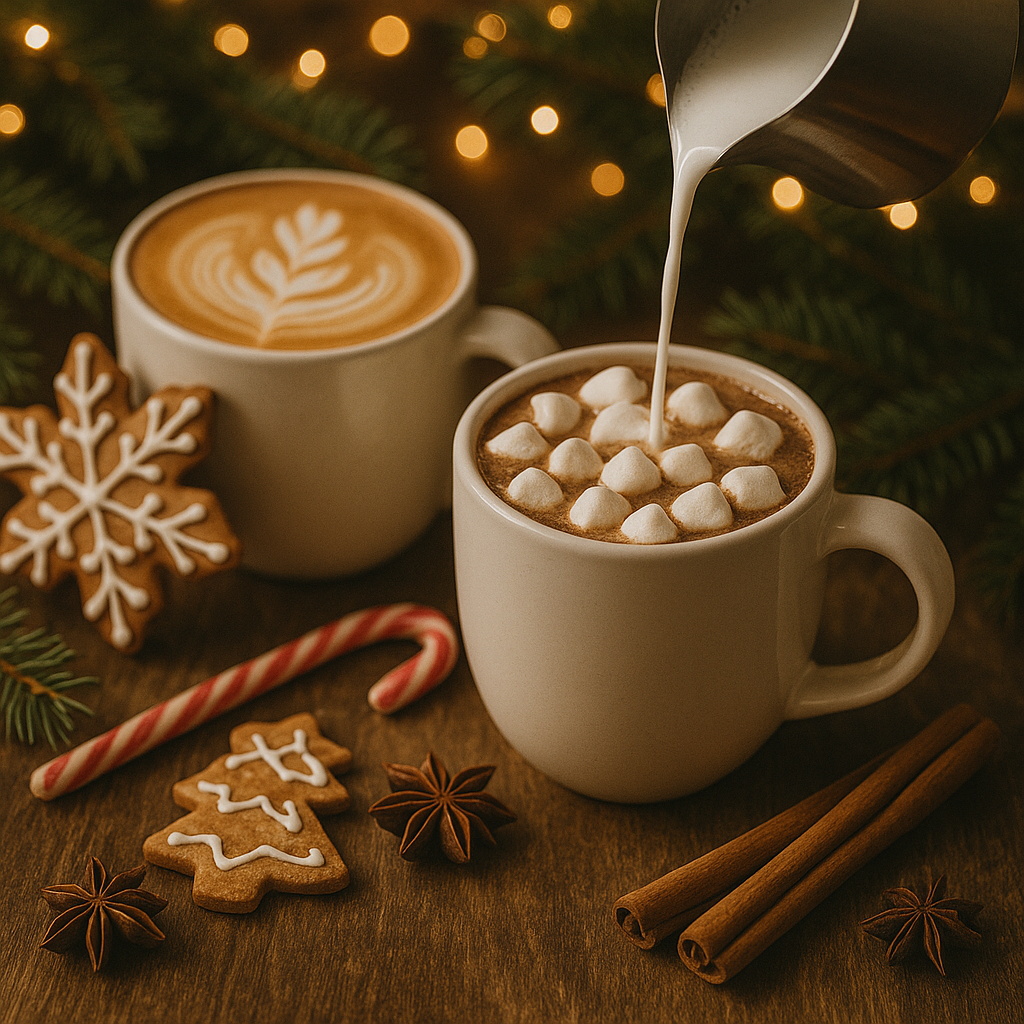 Holiday hot chocolate with marshmallows and a latte beside gingerbread cookies, a candy cane and cinnamon sticks.