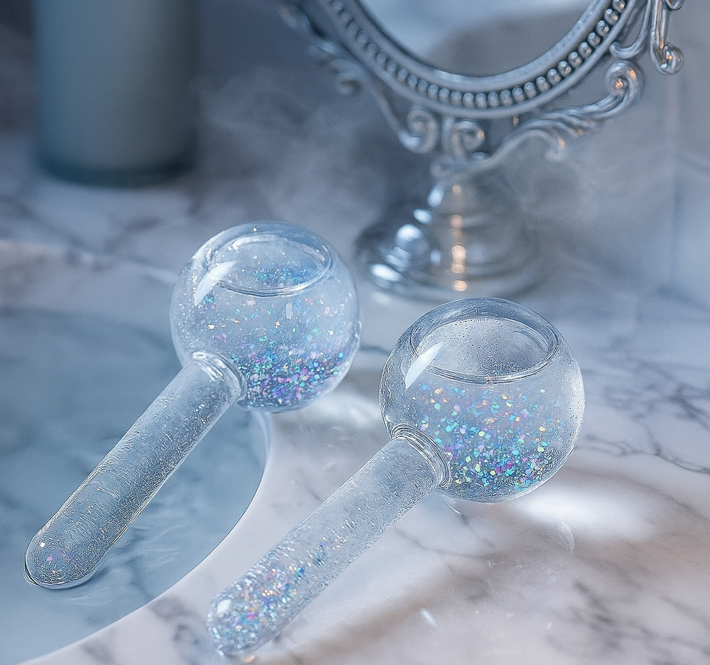 Two Facial Ice Ball Cryo Globes with glitter gel lying on a marble vanity near a decorative mirror in a spa‑like bathroom setting, used for skincare and cooling facial massage