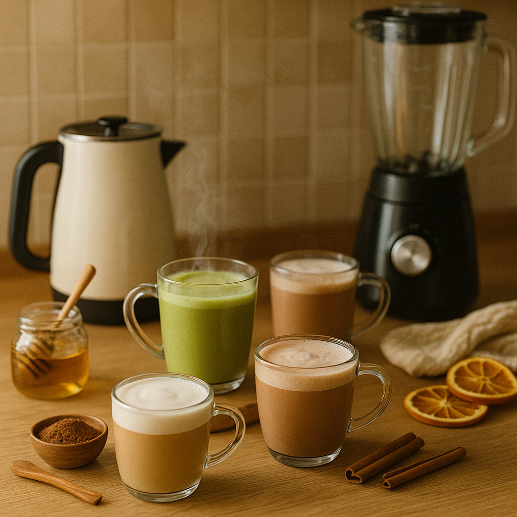 Cozy winter drinks—matcha latte, hot chocolate, chai, cappuccino—with milk frother and blender on kitchen counter.