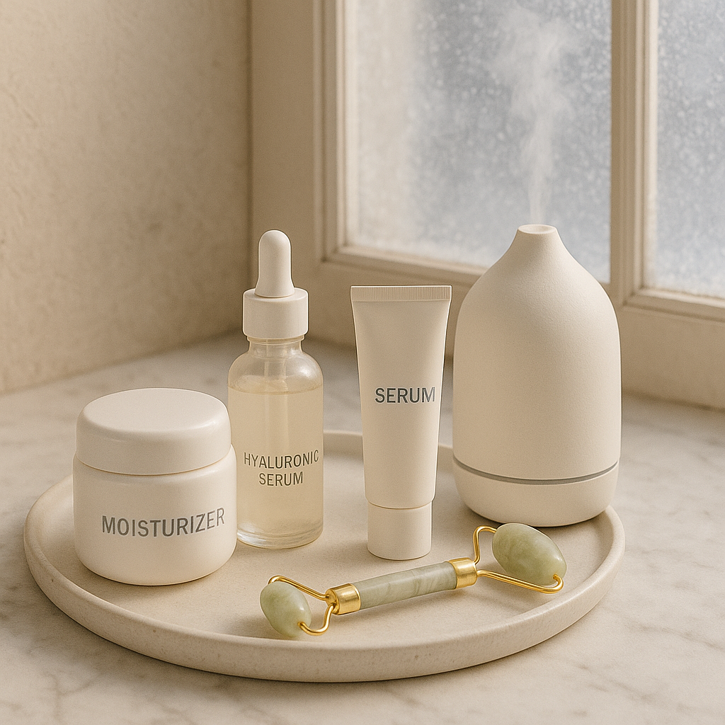 Winter skincare for dry, sensitive skin—moisturizer, serums, SPF and jade face roller on a tray by a frosted window.