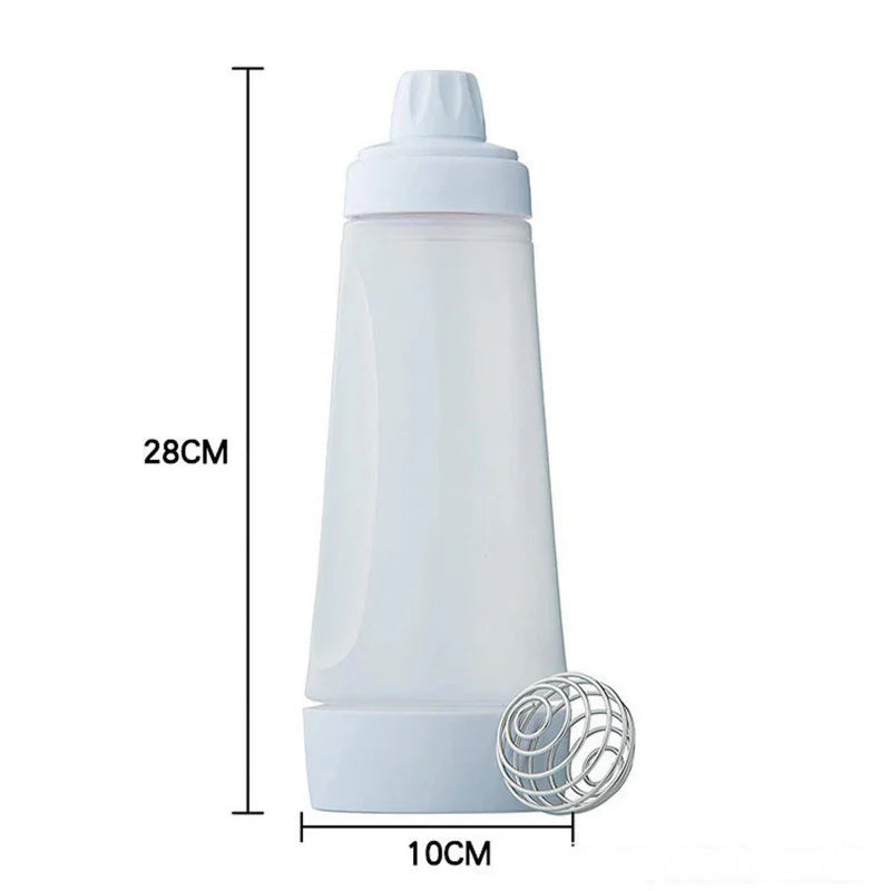 28cm pancake batter bottle with stainless steel whisk and 10cm diameter size chart