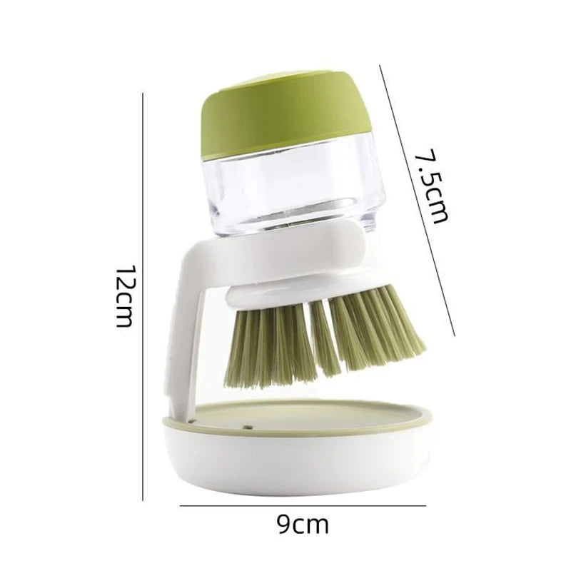 Green and white cleaning brush with measurements on a white background