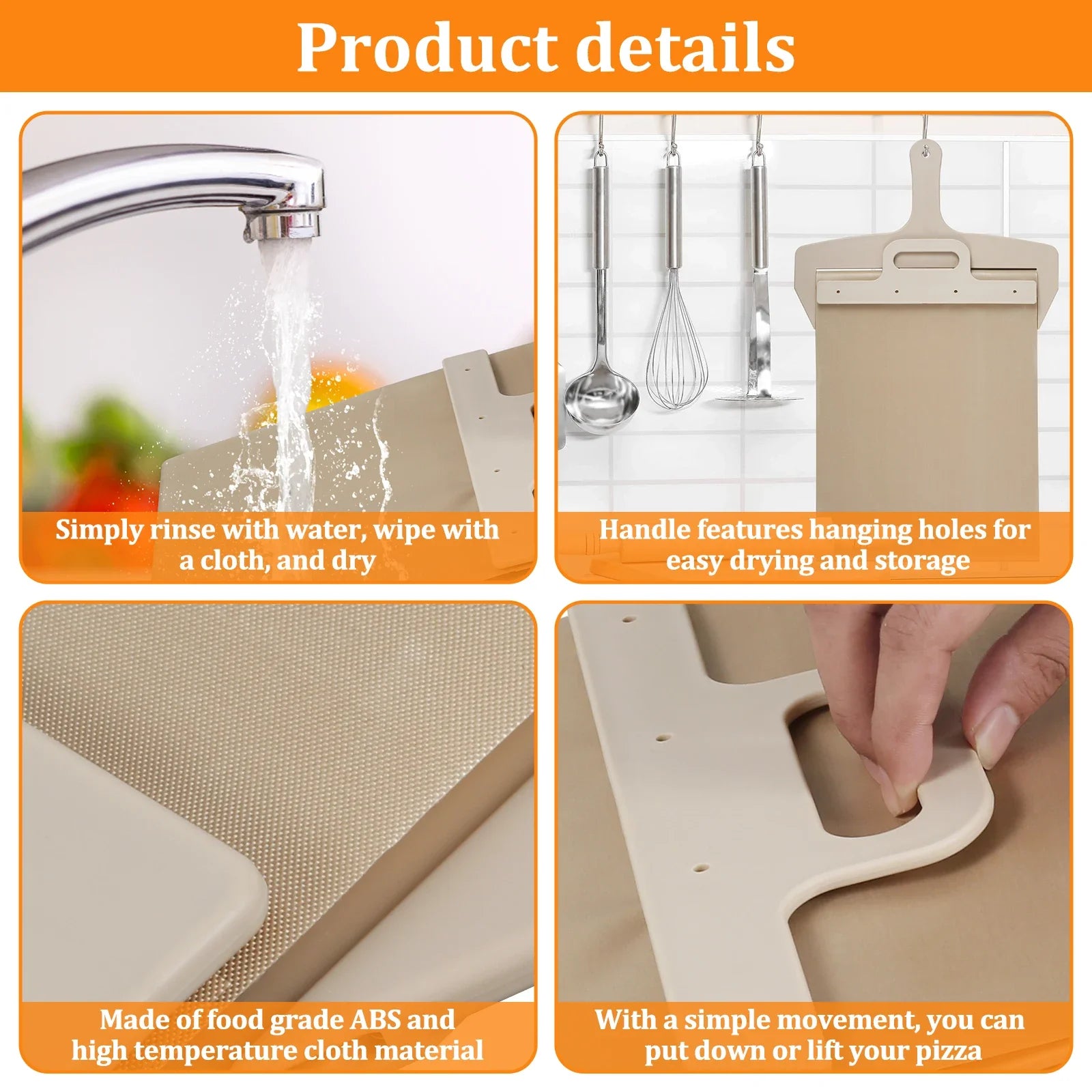 Sliding Pizza Peel product details: easy cleaning, hanging holes, food-grade ABS, and conveyor belt for smooth pizza transfers.