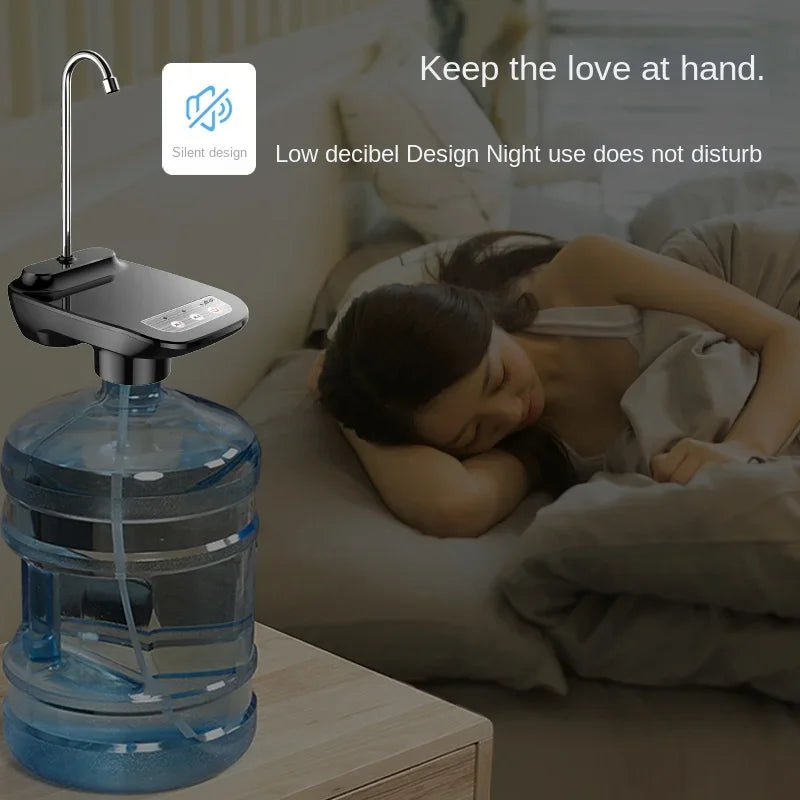 Black Water Bottle Pump Dispenser on a 5-gallon jug, silent design for night use, dispensing water into a glass without disturbance.