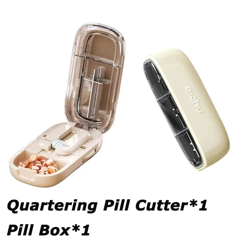 Beige Adjustable Pill Cutter by e.chu, labeled as Halve Pill Cutter, open with pills in compartments, shown with a closed unit.