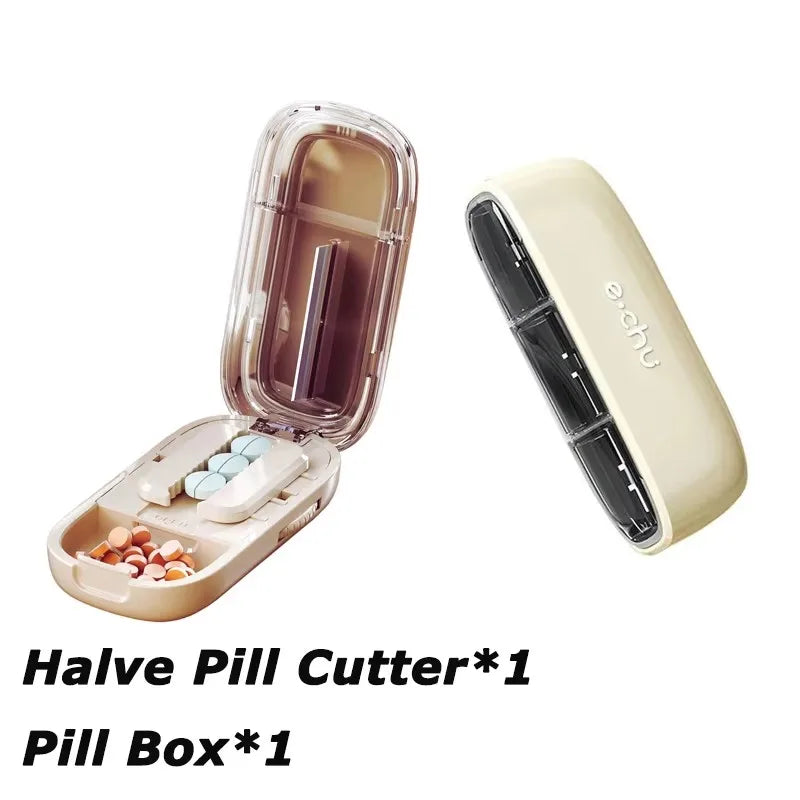 Beige Adjustable Pill Cutter by e.chu, labeled as Quartering Pill Cutter, open with pills in compartments, shown with a closed unit.