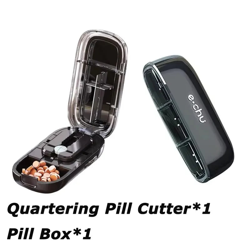 Black Adjustable Pill Cutter by e.chu, labeled as Quartering Pill Cutter, open with pills in compartments, shown with a closed unit.