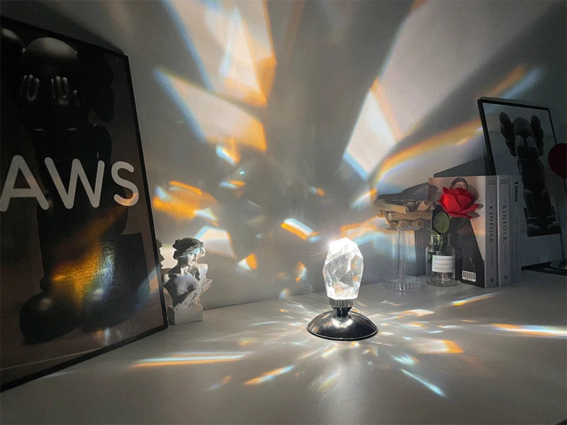 Crystal lamp casting ambient light in a cozy modern room setup