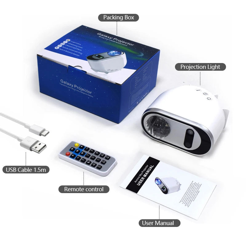 Standard package of aurora projector with all accessories displayed