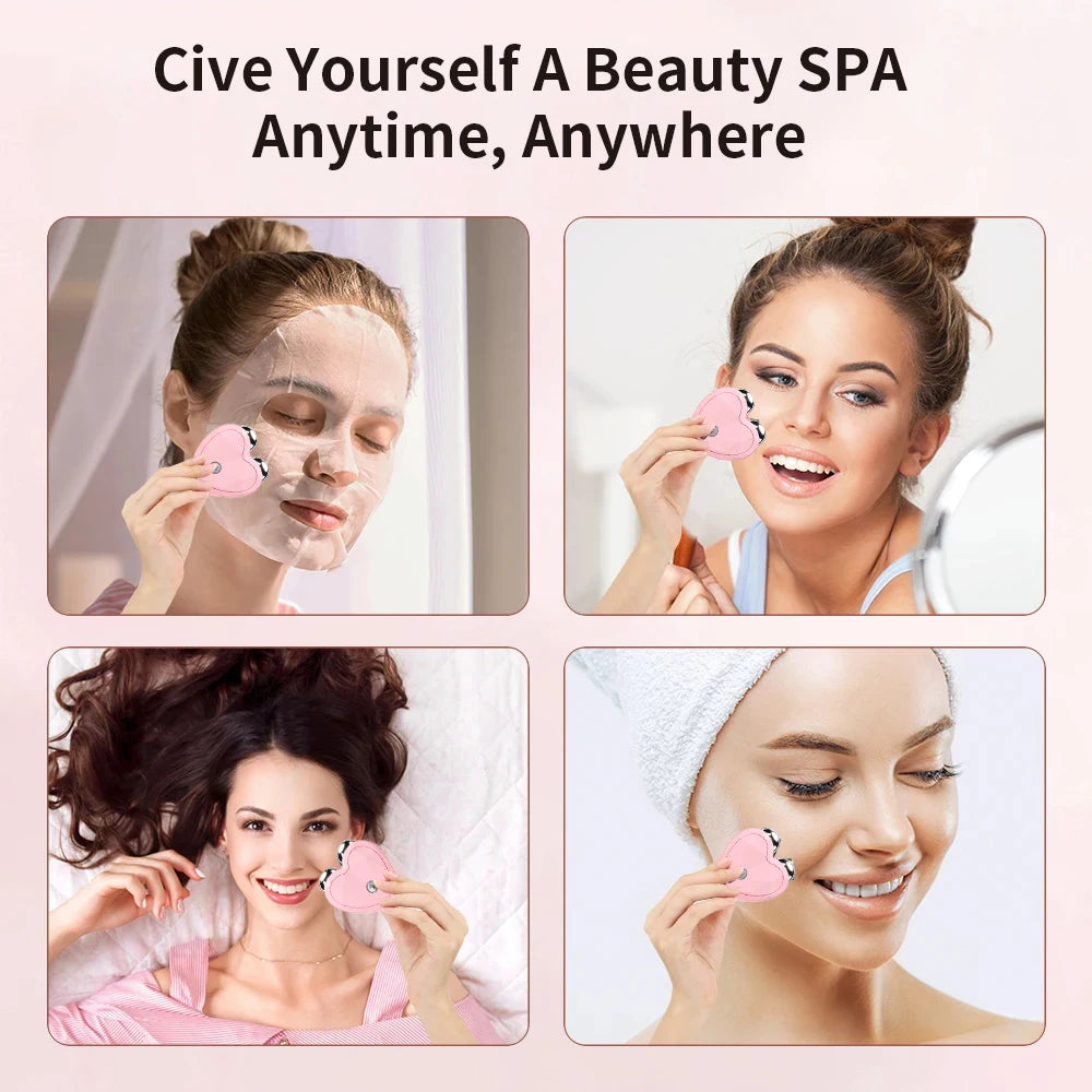Women using pink heart-shaped microcurrent device during beauty routine