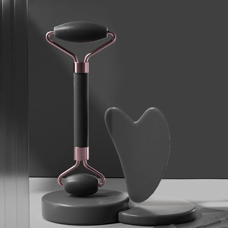 Black jade roller and gua sha set for deep tissue facial massage