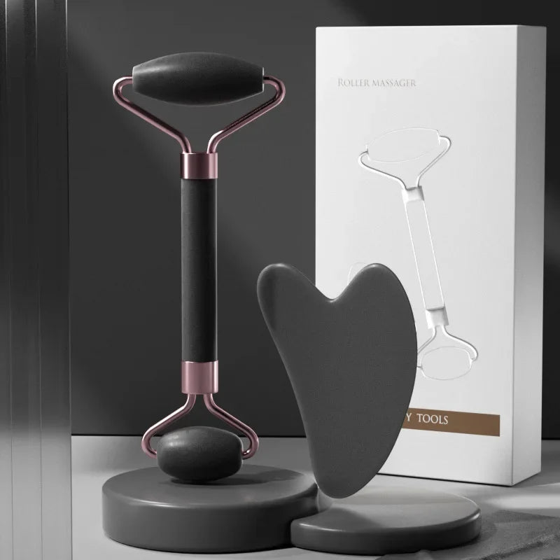 Matte black stone roller and gua sha with luxury gift box