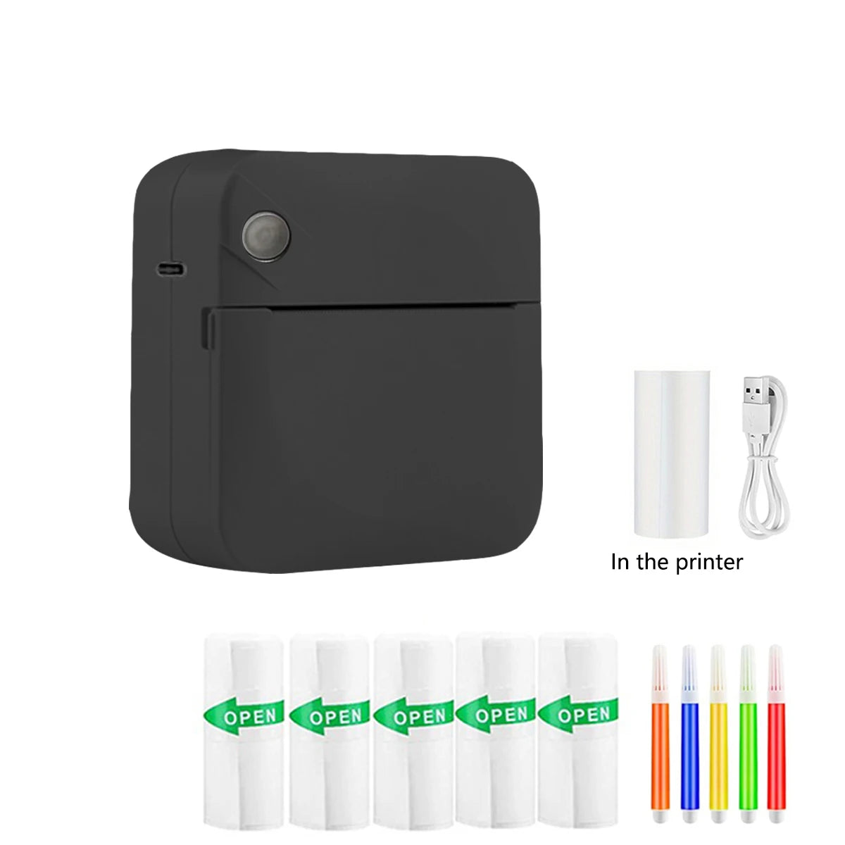 Black portable printer with ink cartridges and labels on a white background