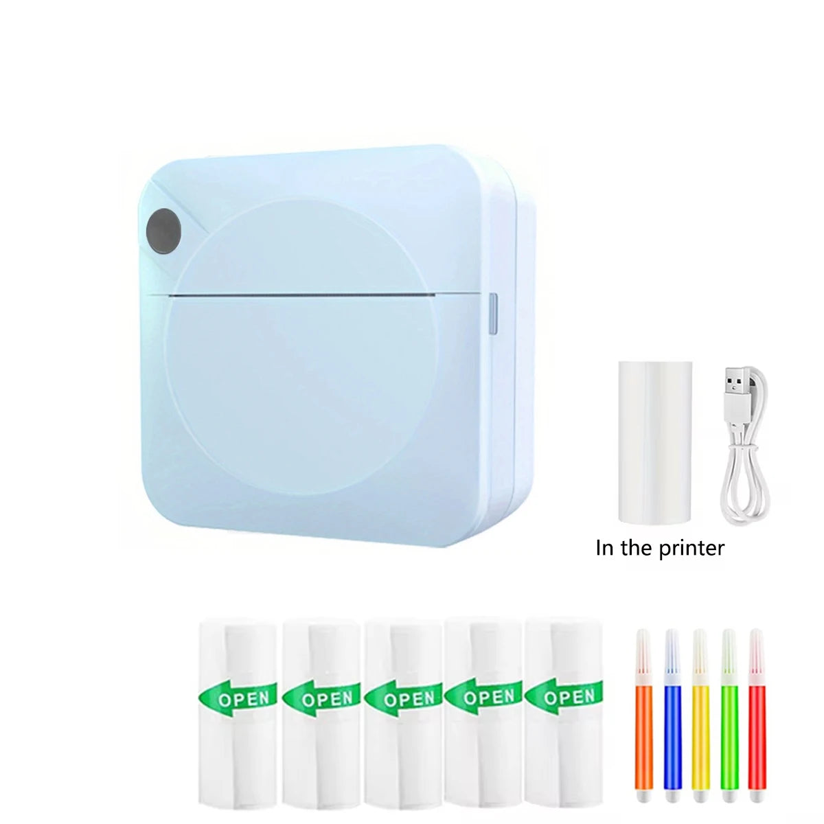 Small printer with ink cartridges and a cable on a white background