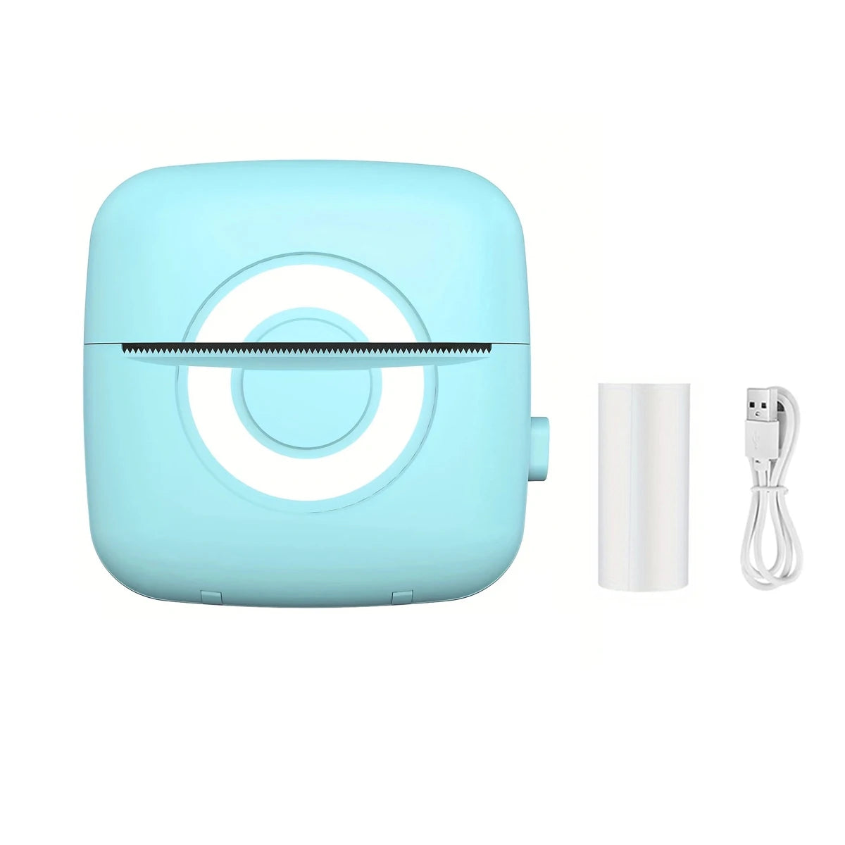 Light blue electronic device with a white cable on a white background