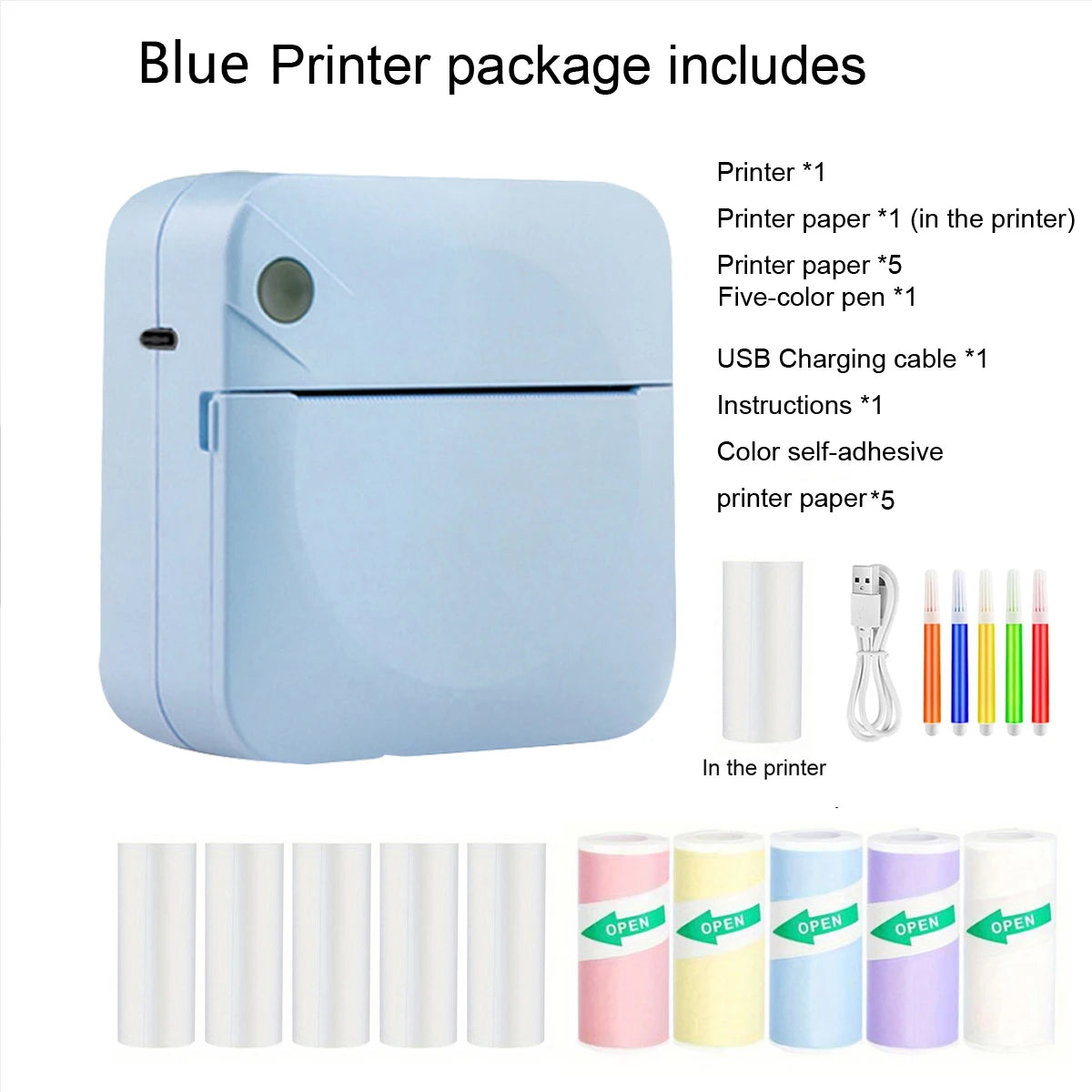 Blue printer package with included items listed on a white background