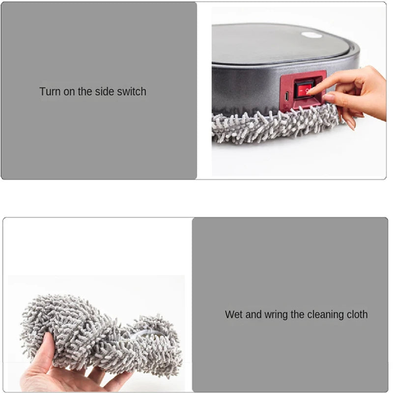 Instructions for using a cleaning robot with text on how to turn it on and prepare the cleaning cloth.