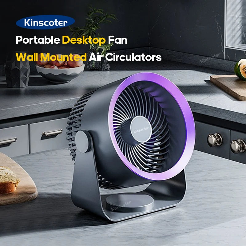 Kinscoter portable desktop fan with purple LED ring, perfect for modern kitchens.