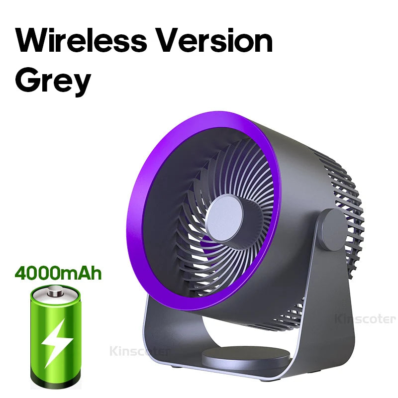 Kinscoter grey wireless desktop fan with 4000mAh battery – sleek and modern.