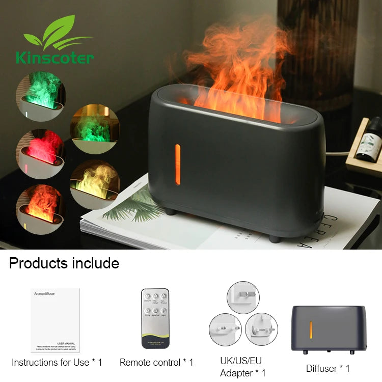 Dark grey flame aroma diffuser with remote, manual, and universal plug set