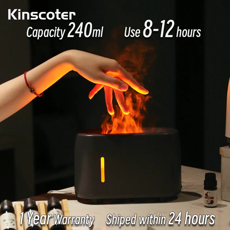Hand above cozy flame-effect mist from dark grey 240ml Kinscoter humidifier