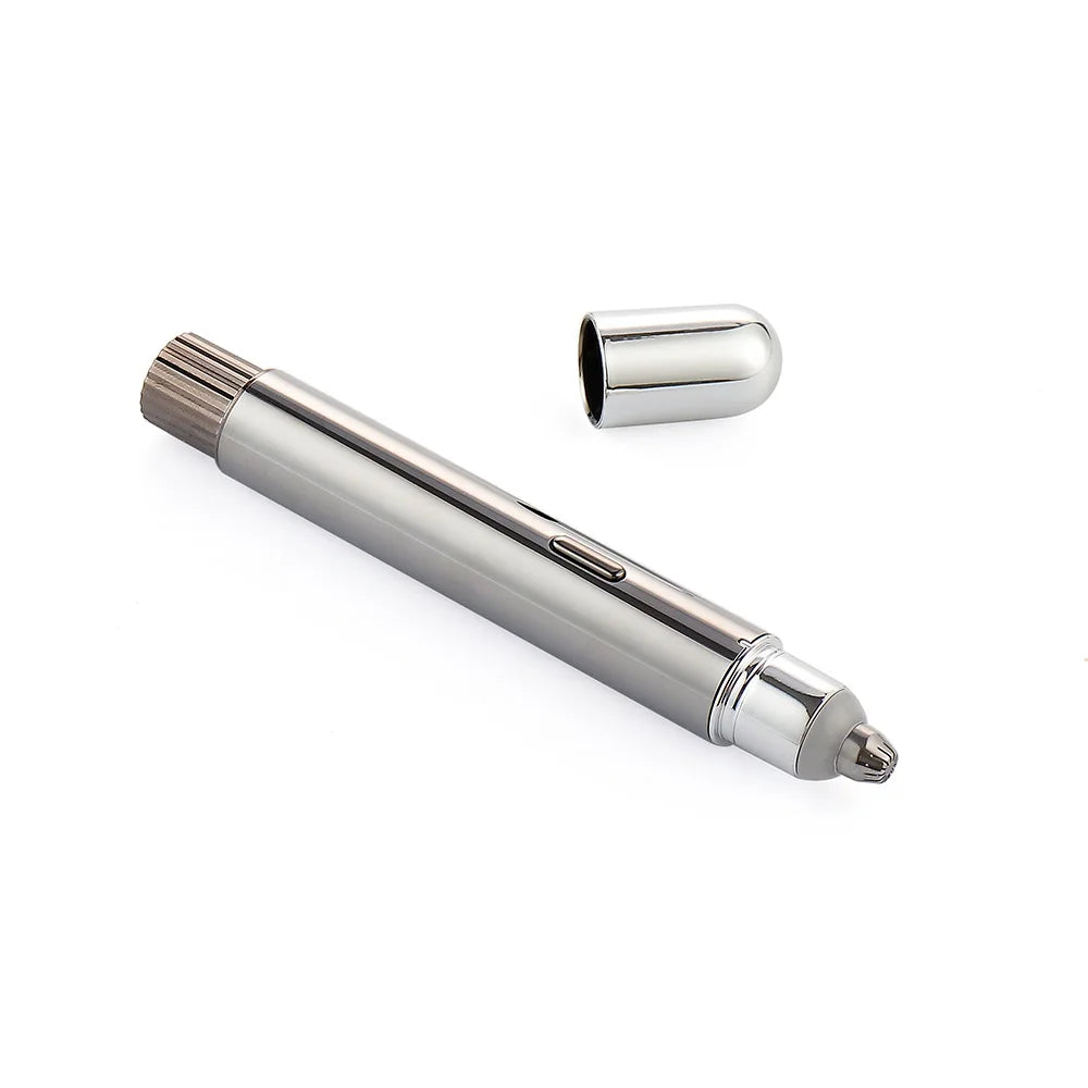 Sleek metallic silver electric eyebrow trimmer with open cap