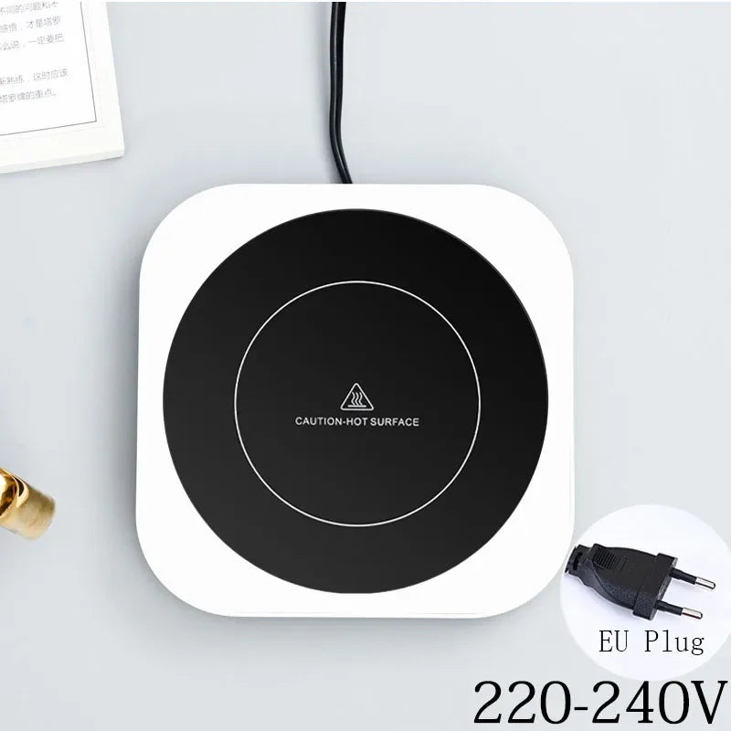 Square electric coffee mug warmer with EU plug, 220-240V voltage, black and white minimalist design