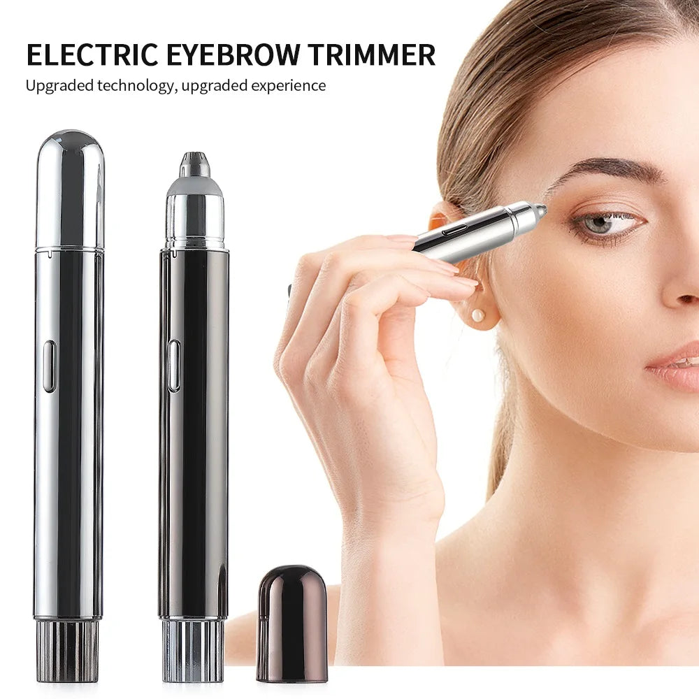 Woman using electric eyebrow trimmer with modern design