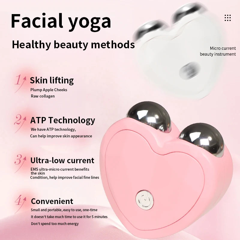 Facial yoga microcurrent beauty device showing skin lifting and ATP technology