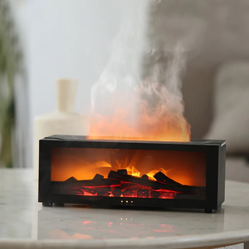 Black LED fireplace diffuser with realistic flame and mist on a table