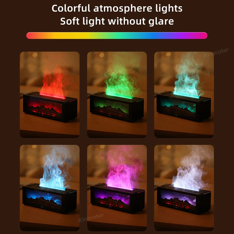Fireplace diffuser showing colorful mist with ambient LED lights