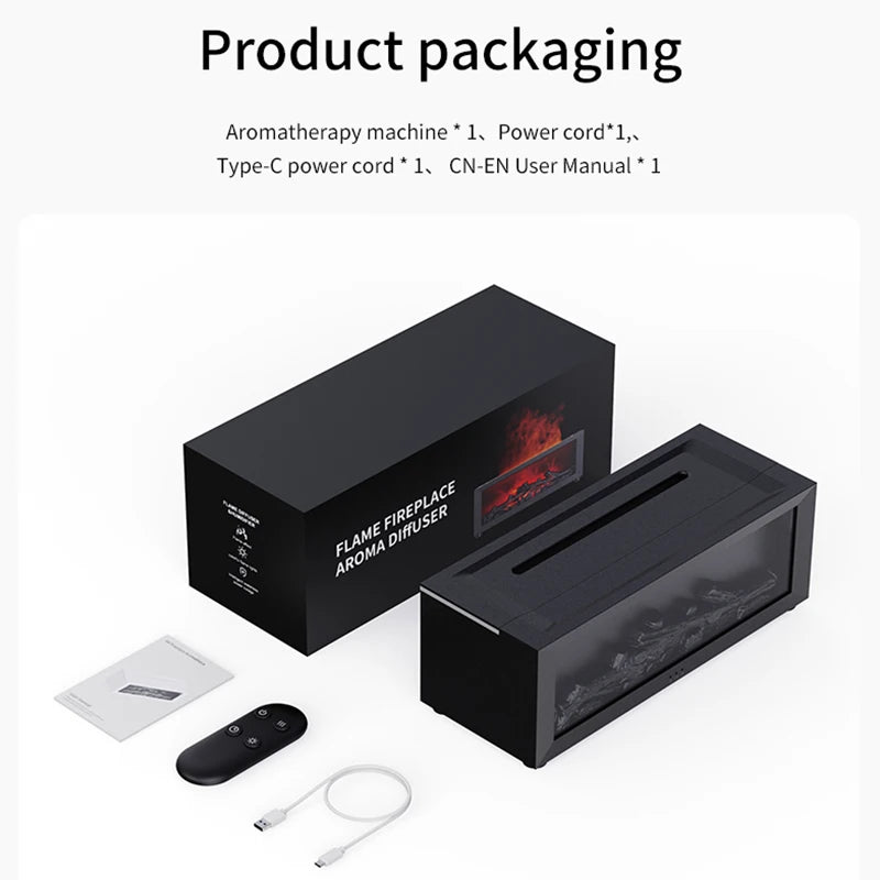 Fireplace aroma diffuser packaging with device, remote, and USB cable