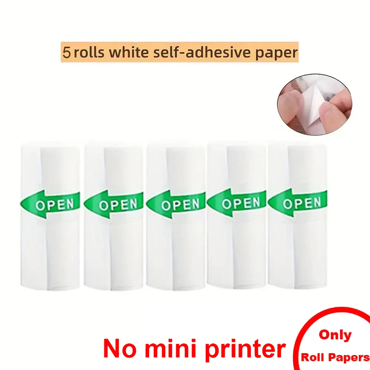 Five rolls of white self-adhesive paper with green arrows and 'OPEN' text on a white background.