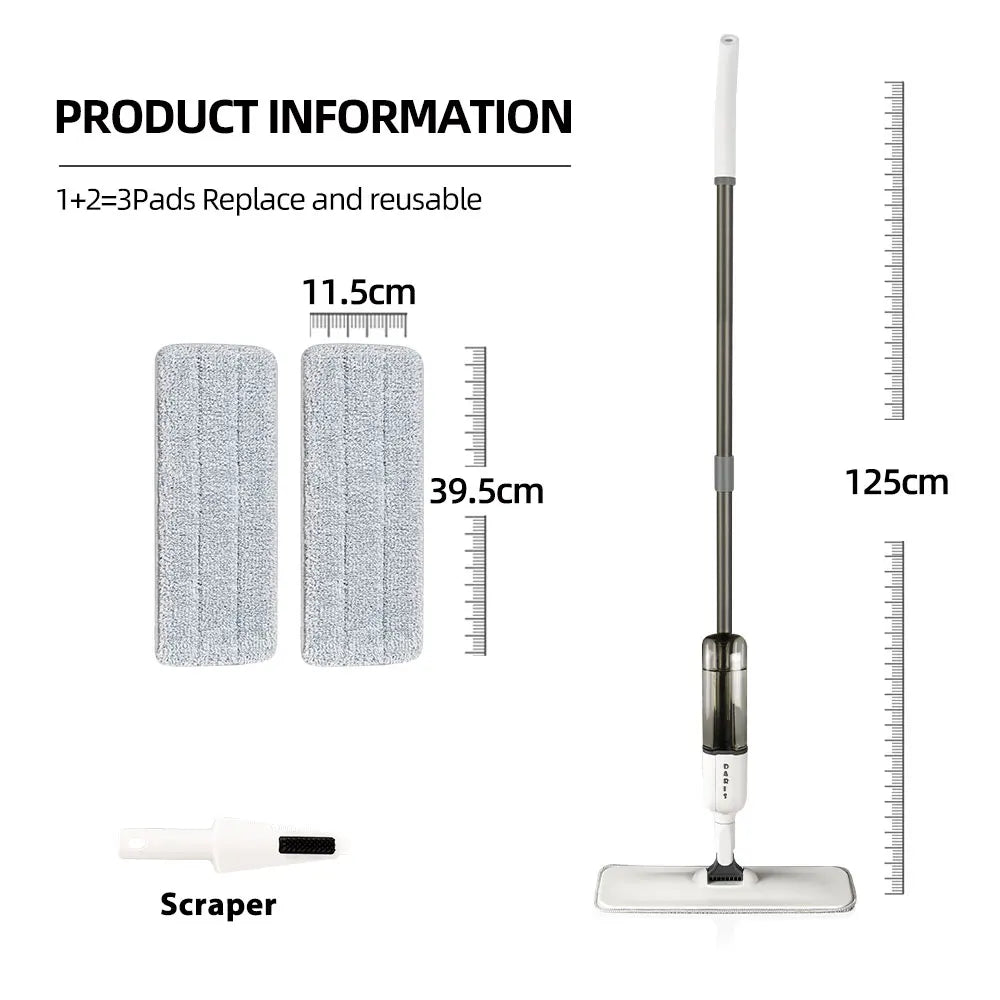 Flat Spray Mop with 3 Replaceable Microfiber Pads and Measurements