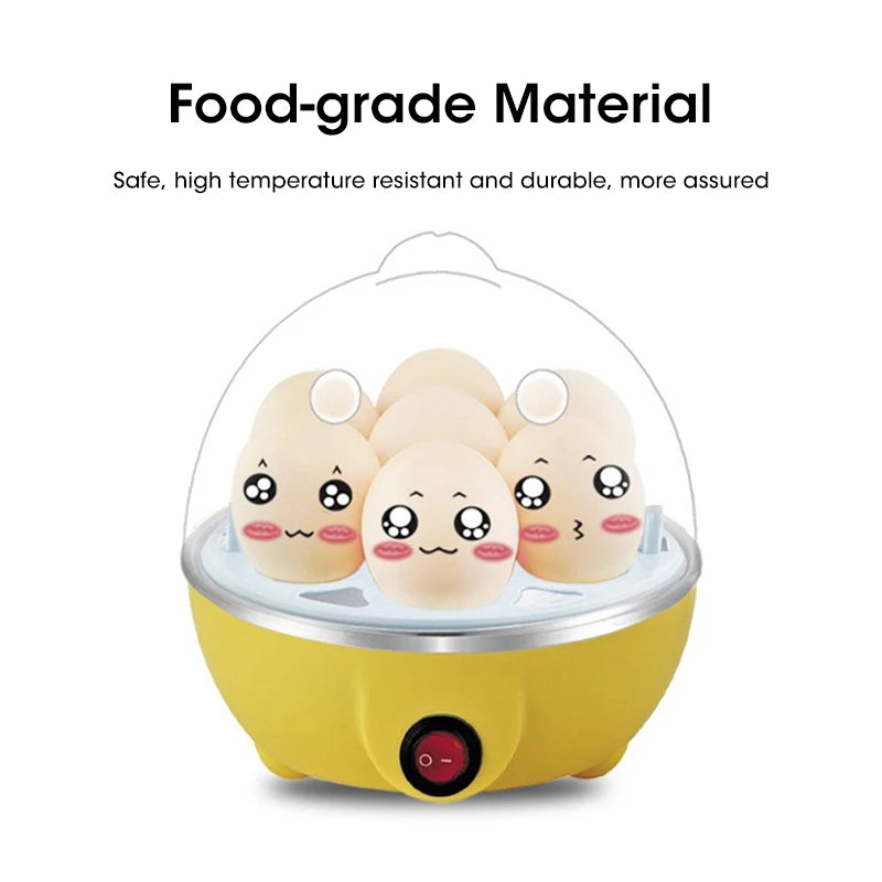 Yellow egg cooker with cartoonish eggs inside on a white background