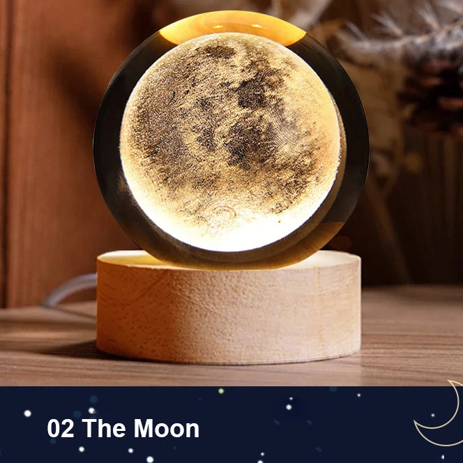 Moon-shaped lamp on a wooden base with a blurred background