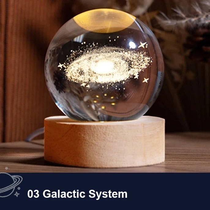 Glass sphere with galaxy design on a wooden base, labeled '03 Galactic System'.