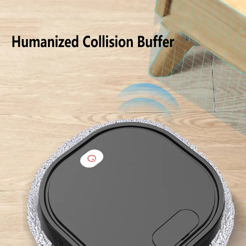 Robotic vacuum cleaner with 'Humanized Collision Buffer' feature on a wooden floor.
