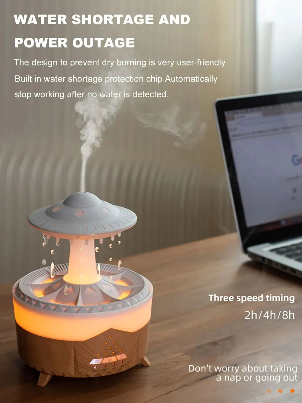 UFO-shaped humidifier on a desk with a laptop in the background, featuring text about water shortage protection and power outage handling.