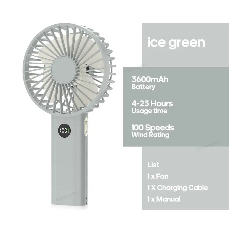 Ice green rechargeable fan with adjustable wind speed, battery indicator, and night light