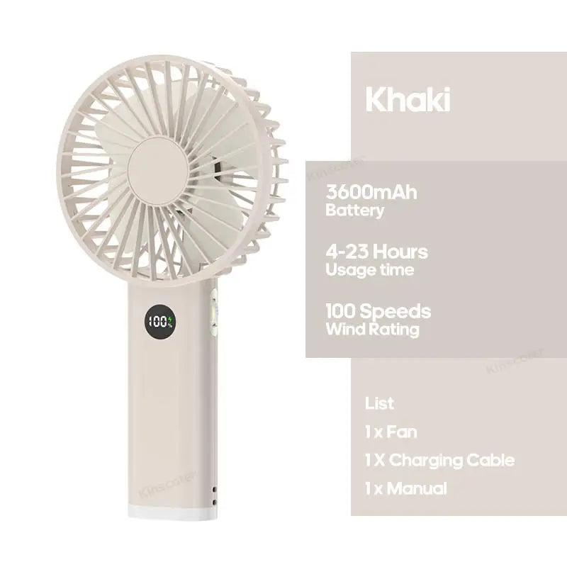 Khaki color handheld USB fan with 3600mAh battery, 100 wind levels, and LED display
