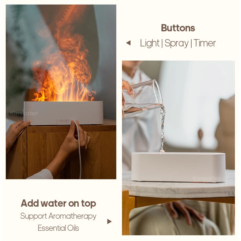 KINSCOTER diffuser with flame mist, top-fill water access and buttons for light, spray, timer