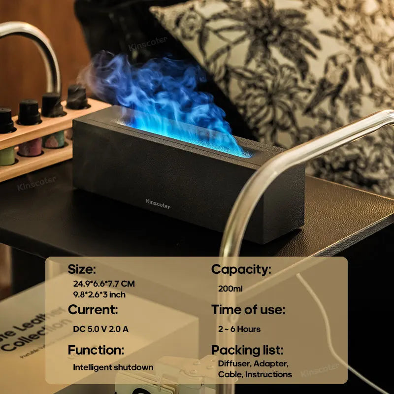 KINSCOTER diffuser showing size, capacity, and blue flame in cozy setup