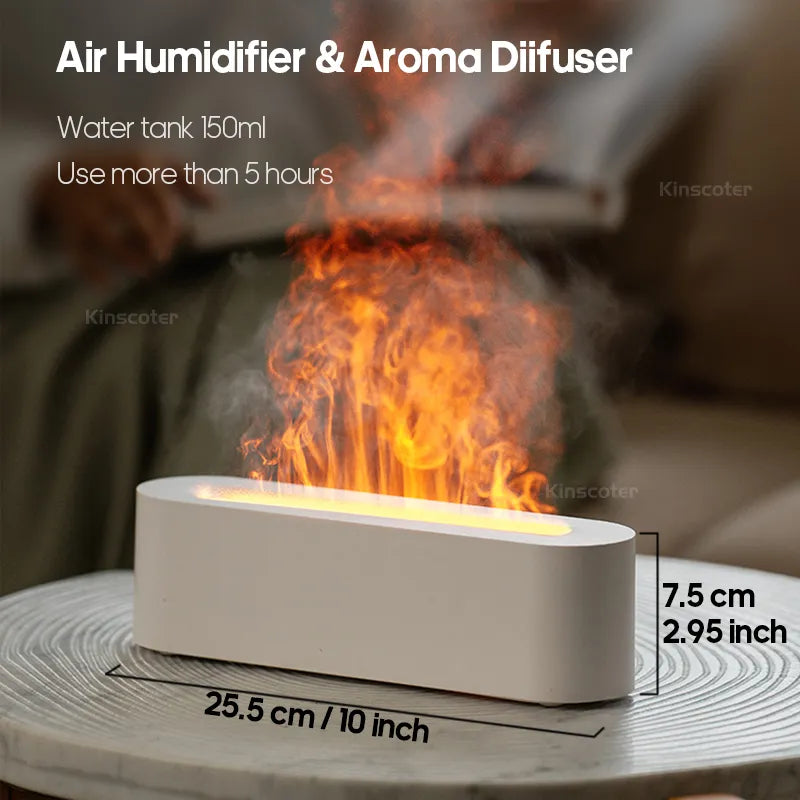 KINSCOTER diffuser with flame effect showing size, 150ml tank and 5+ hour usage