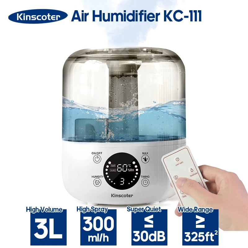 Kinscoter ultrasonic humidifier with 3L volume and quiet operation