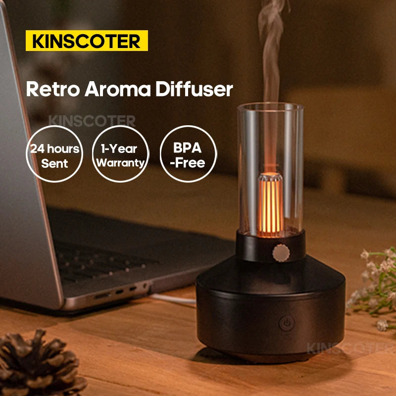 Retro-style black aroma diffuser with warm glowing light for cozy ambiance.